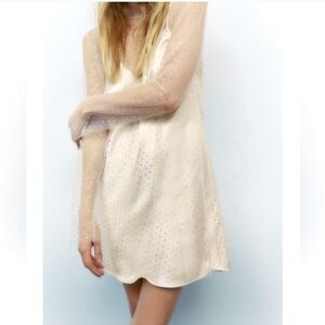 Zara contrasting Sparkly Dress semi sheer rhinestone applique long sleeve